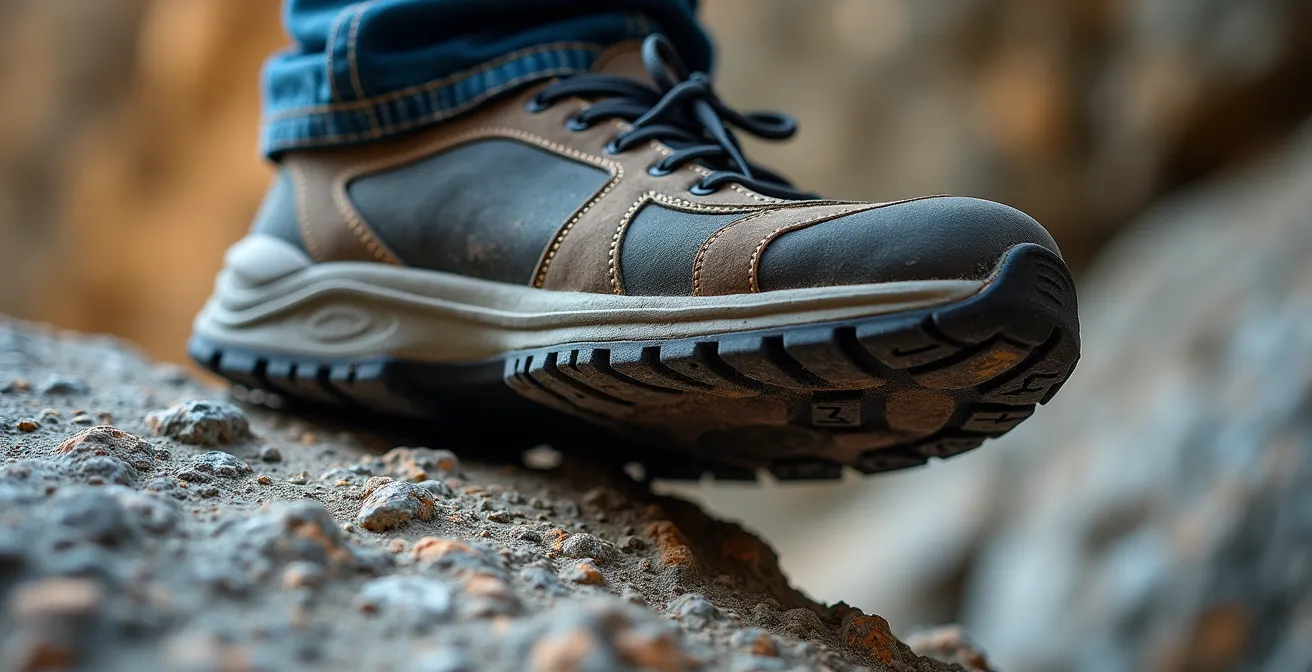 Close-up macro shot of climbing shoe demonstrating proper smearing technique on smooth granite