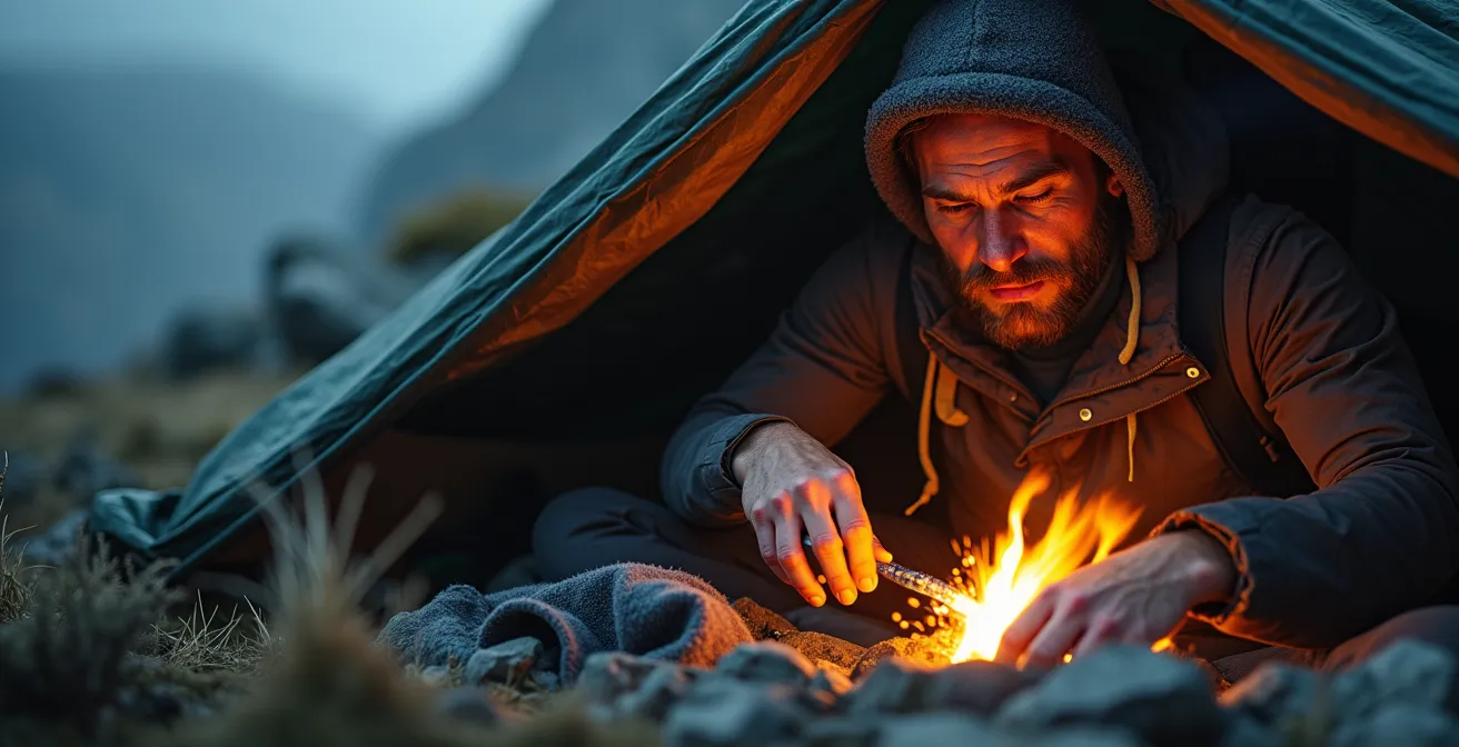 Hiker applying survival priorities in challenging mountain environment