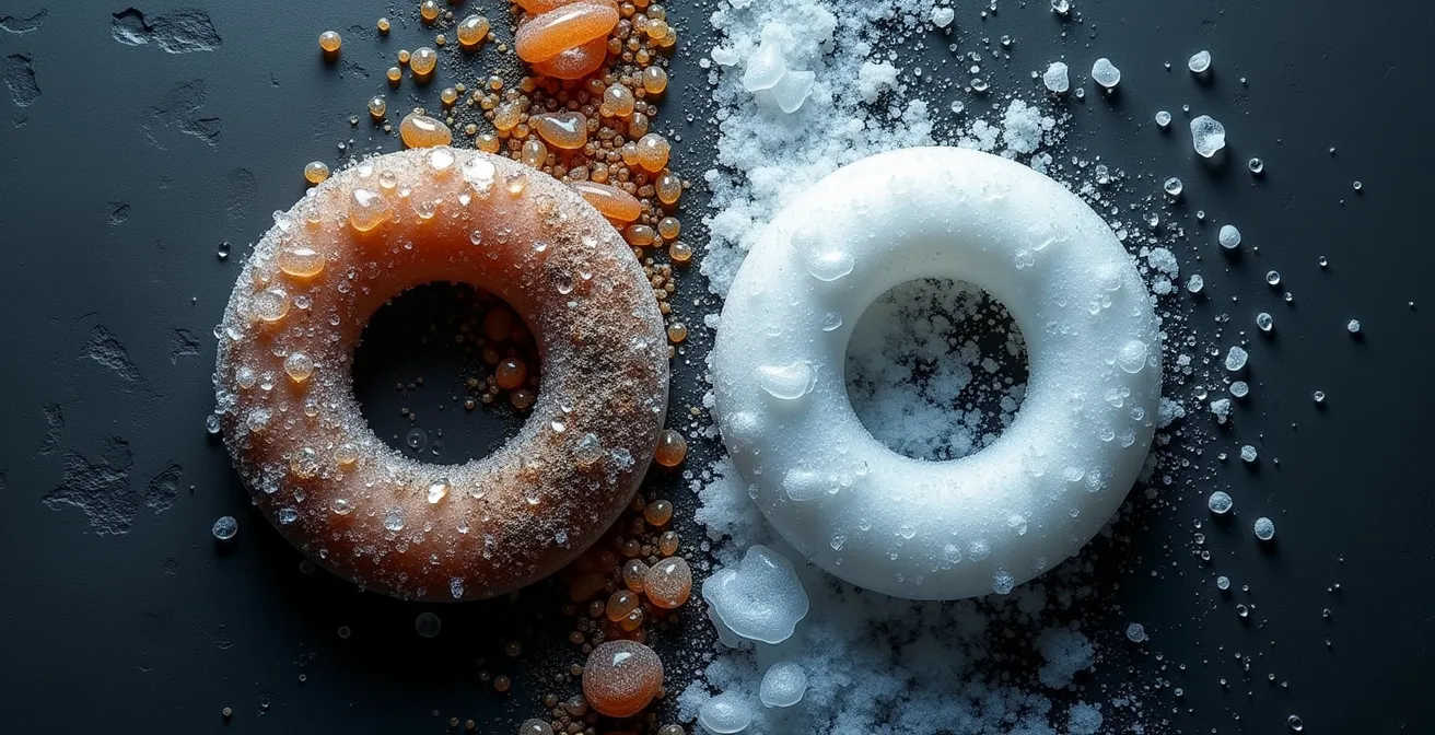 Symbolic composition showing salt crystals contrasted with clean drag washers in split view