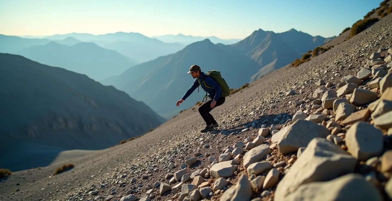 Hiker demonstrating proper plunge step technique while descending a loose scree slope with mountain vista
