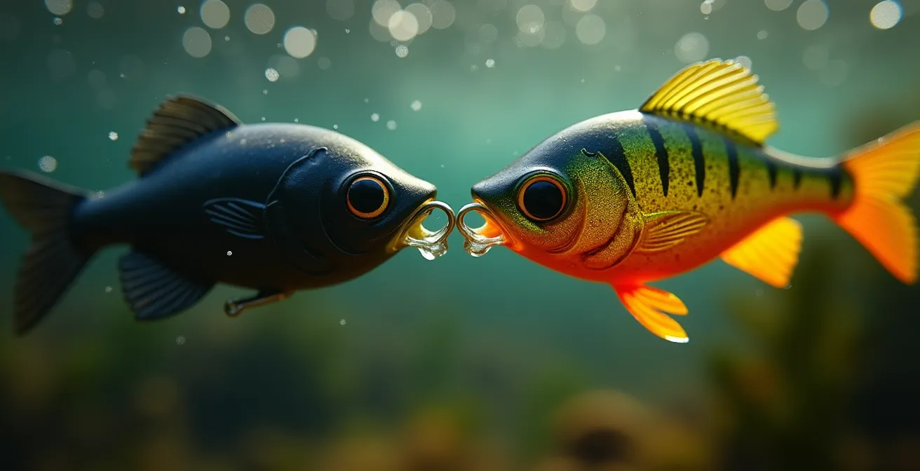 Close-up comparison of different colored soft plastic baits underwater in stained water conditions