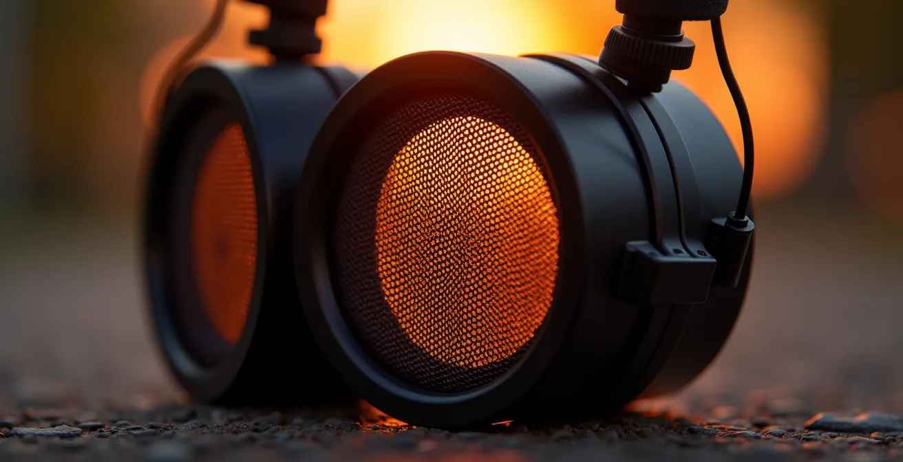 Macro visualization of sound wave compression in electronic hearing protection