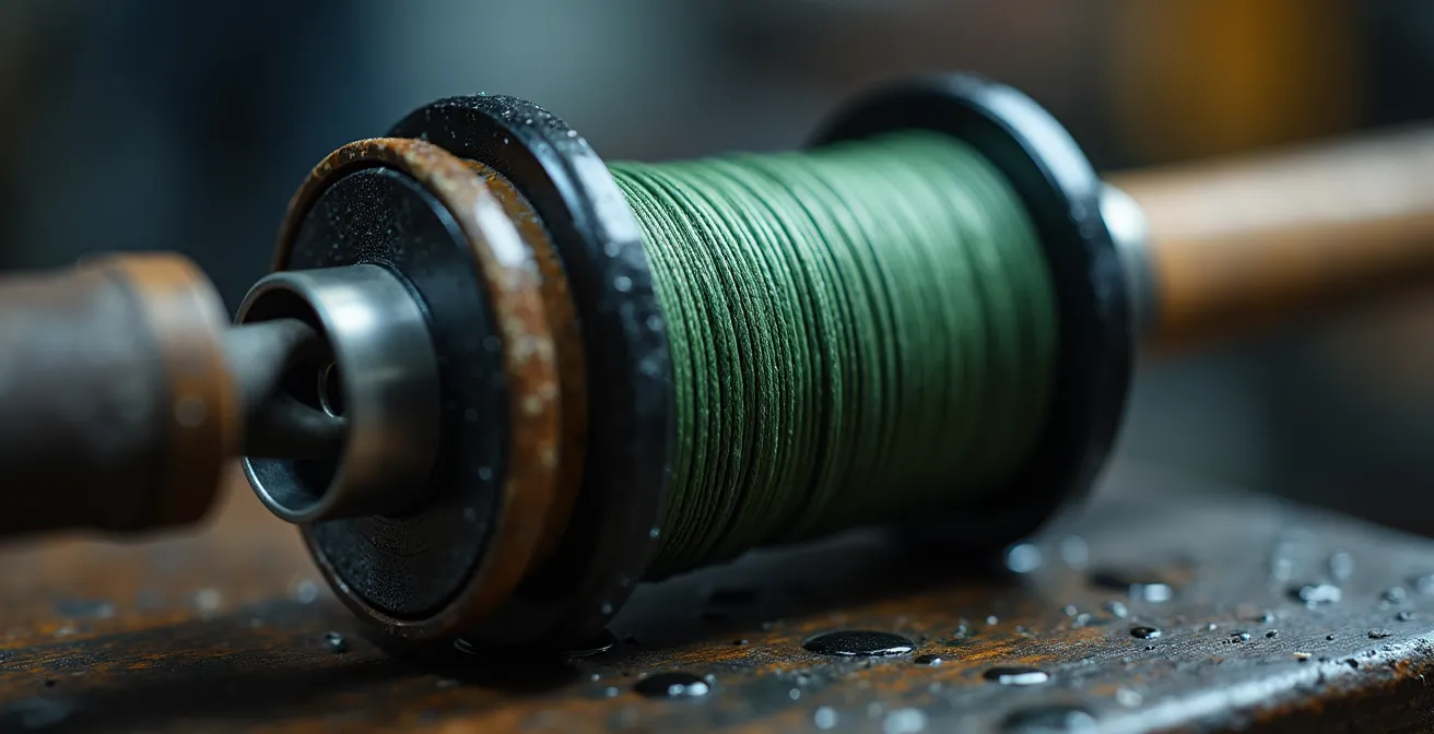 Macro shot of fishing line being spooled onto a spinning reel with visible tension control