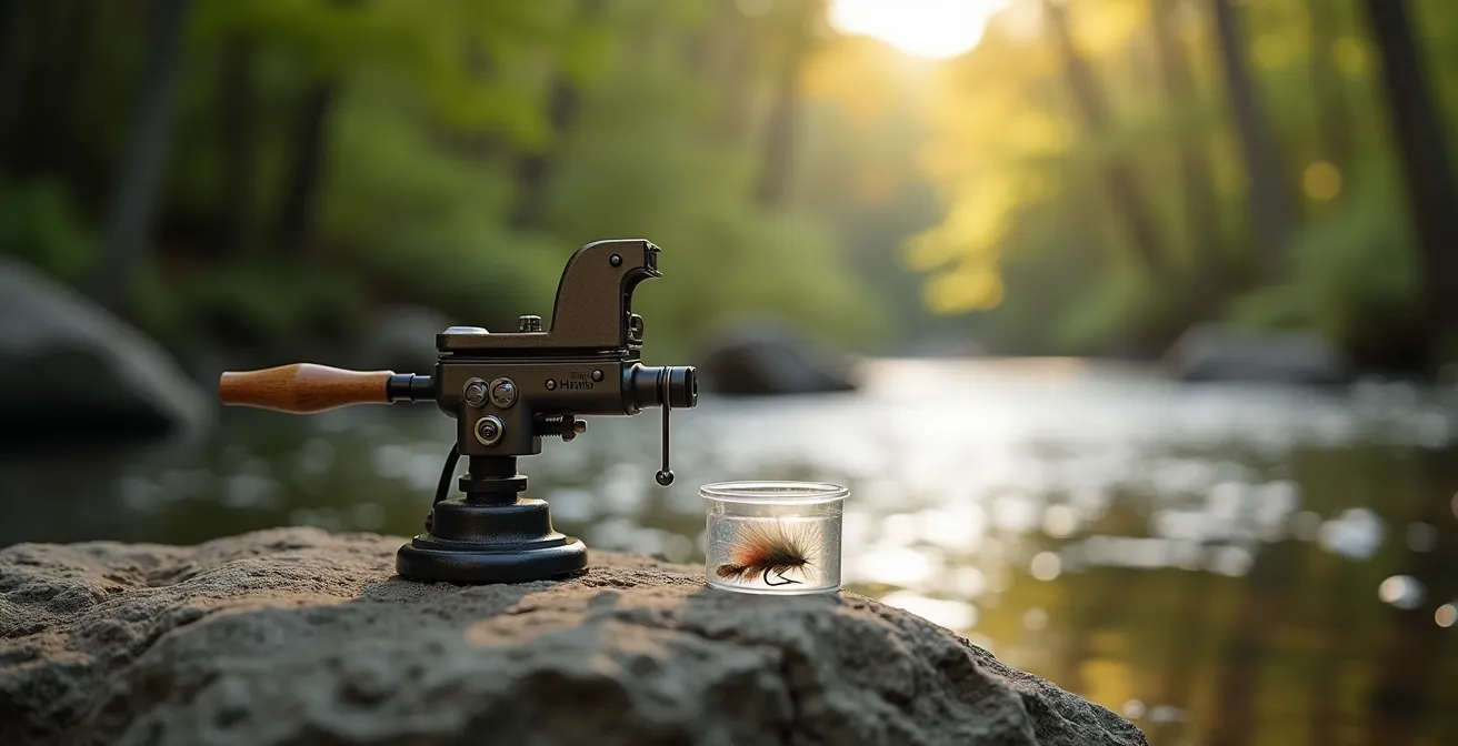 Minimalist stream-side fly tying setup with captured insects for observation