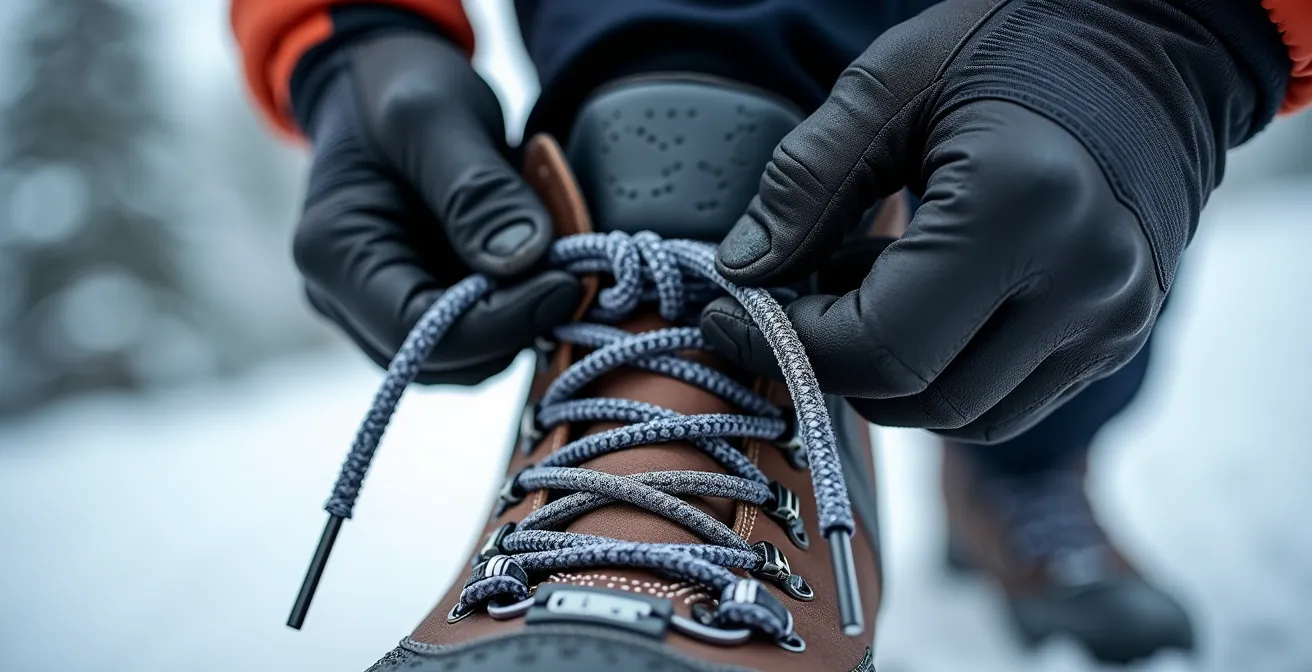 Detailed view of surgeon's knot technique on winter boots