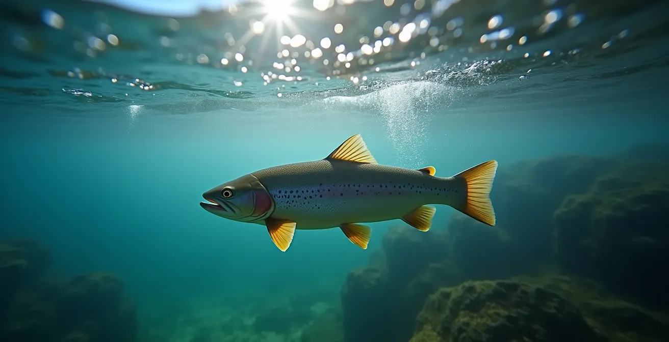 Underwater view showing trout's field of vision and blind spots in clear alpine water