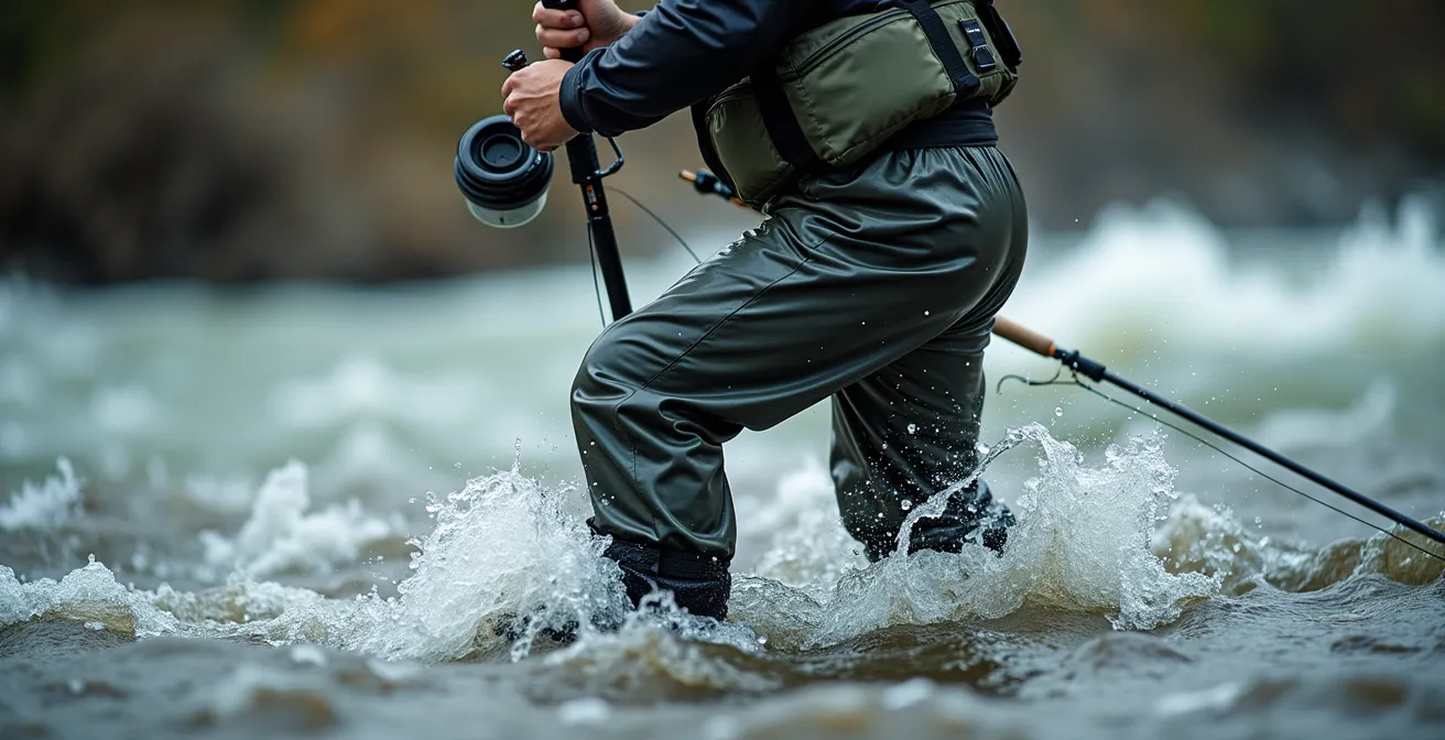 Angler demonstrating safe wading posture with properly secured wading belt in fast current