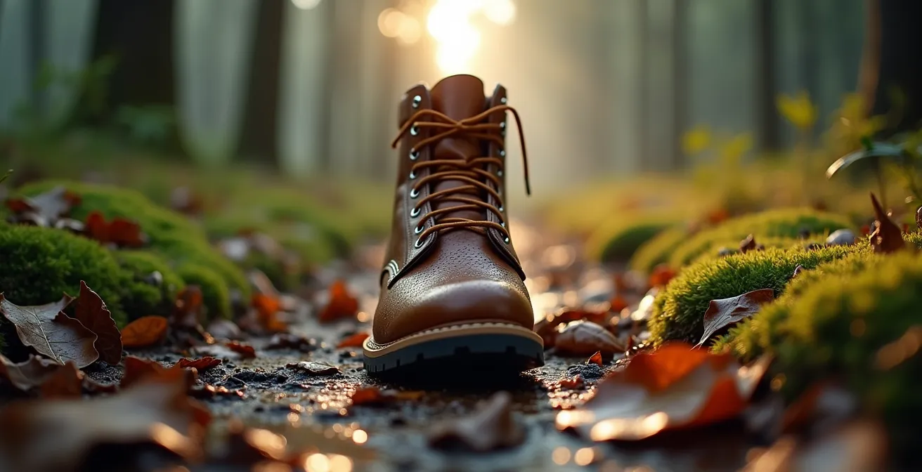 Water droplets beading on waxed leather boot surface showing treatment effectiveness