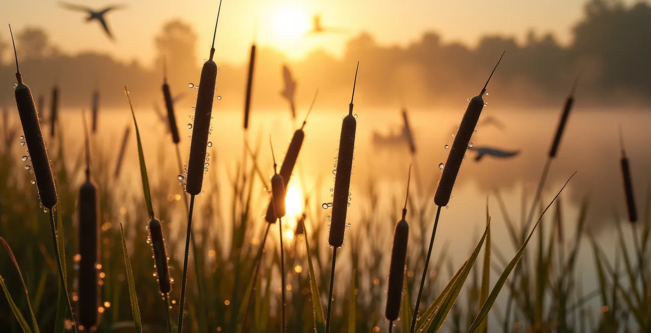 Restored wetland ecosystem showing diverse bird species and healthy vegetation