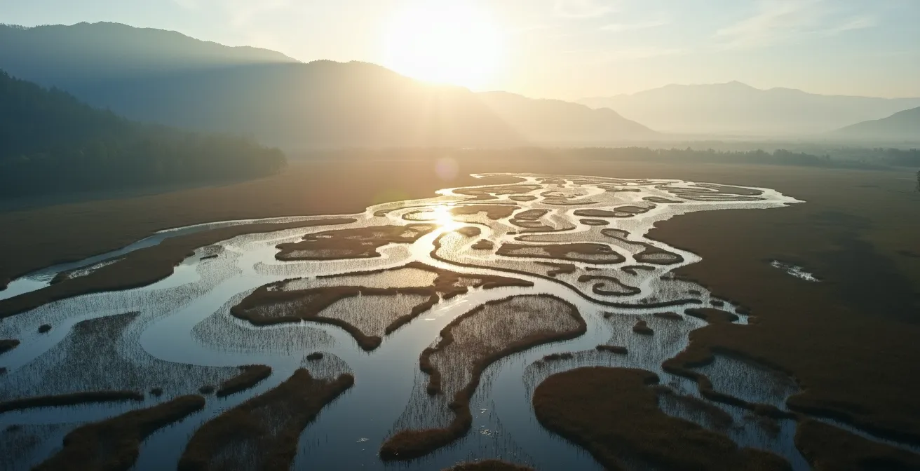 Natural wetland infrastructure showing water retention and flow patterns