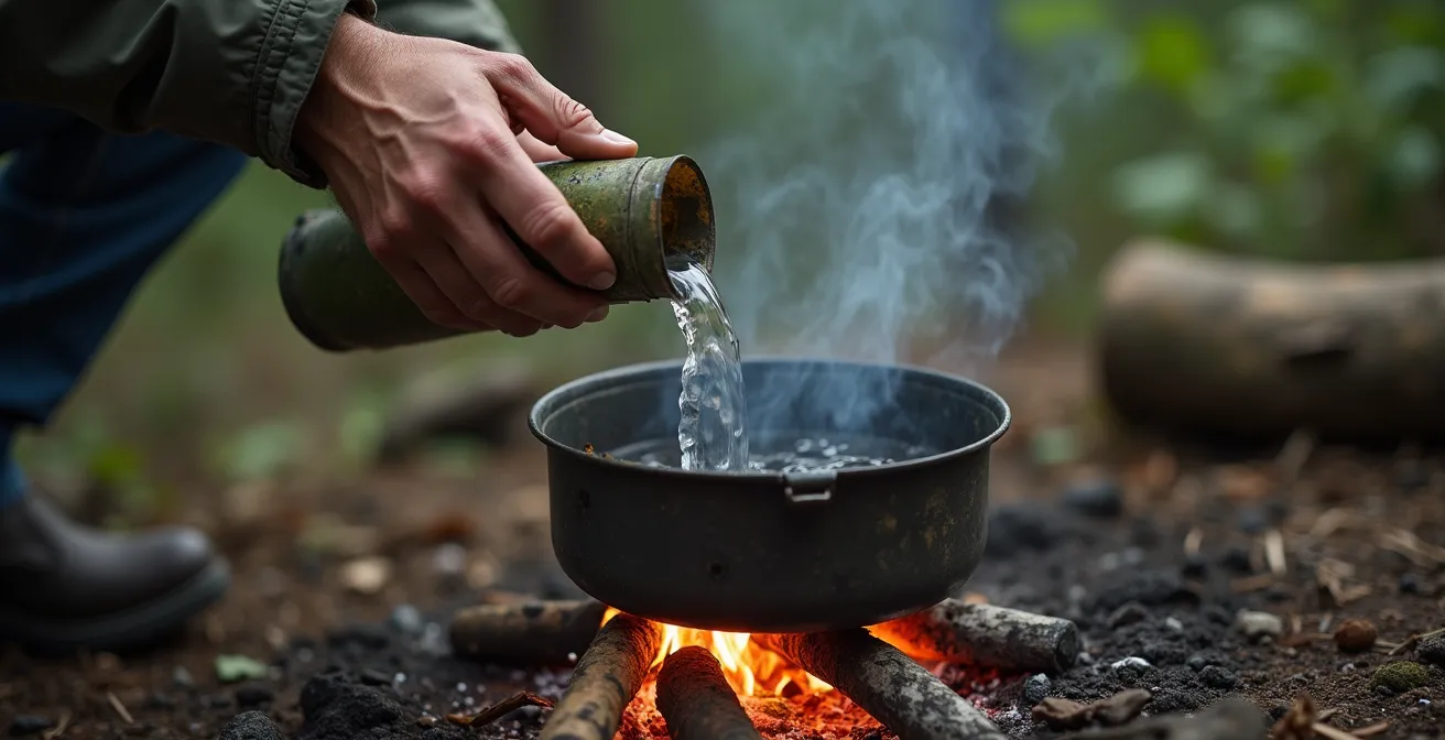 Improvised water filtration and boiling setup in wilderness