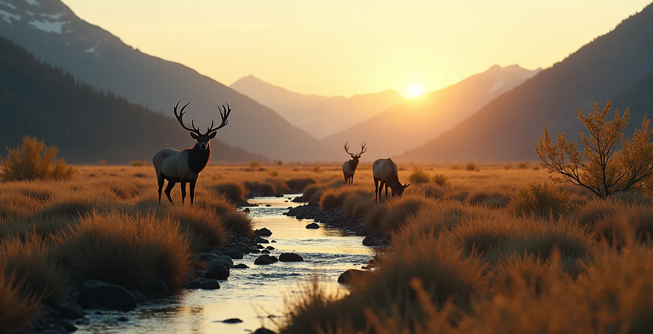 Wide landscape showing wolves in distance, elk herd alert in middle ground, regenerating willows and aspens along stream