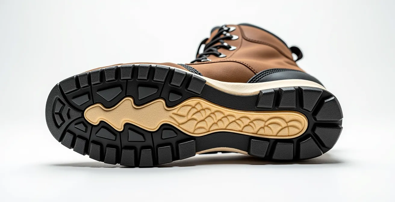 Cross-section view of hiking boot showing worn outsole and compressed midsole layers