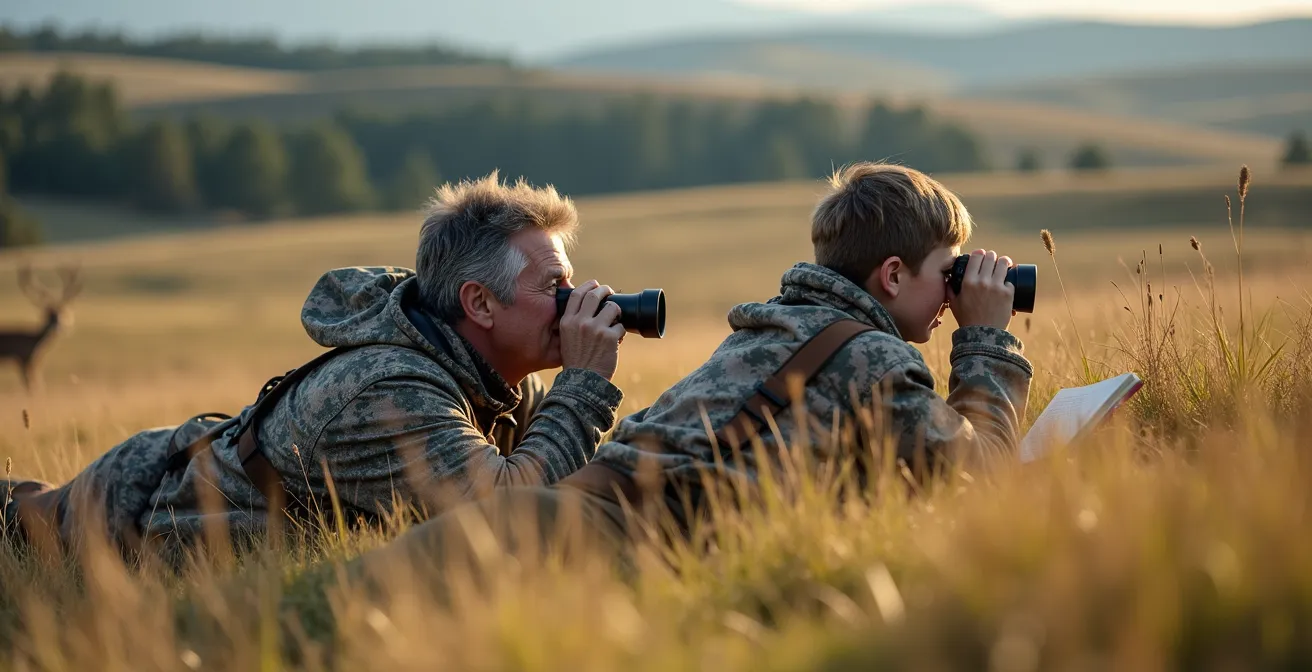 Experienced mentor teaching young person to observe wildlife through binoculars in natural setting