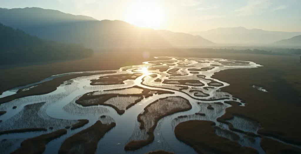 Natural wetland infrastructure showing water retention and flow patterns Natural wetland infrastructure showing water retention and flow patterns